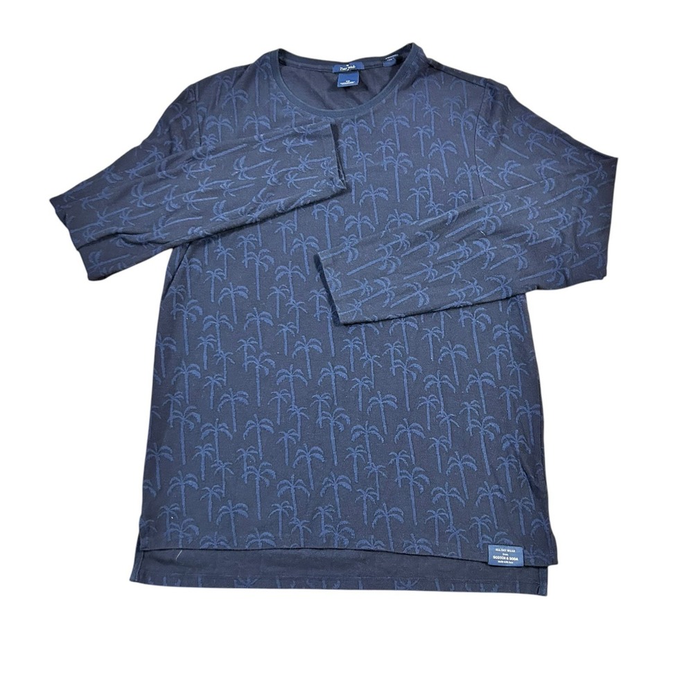 Scotch & Soda T Shirt XL Mens Blue Palm Trees Long Sleeve Stretch